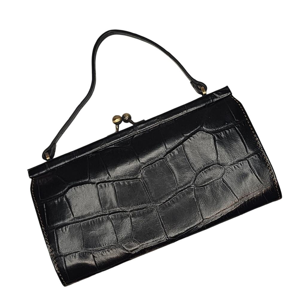 Vintage Nicole Miller Black Leather Mini Bag Crocodile Embossed Kiss Lock Retro